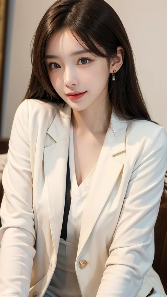 ((masterpiece: 1.4, best quality))+,(ultra detail)+, official art, unity 8k wallpaper, ultra detail, beautiful, high quality, Highlight your cute face,  masterpiece, best quality, medium length straight hair, (brown eyes, brown hair), bust, looking straight ahead, laugh, (white blouse, black blazer jacket :1.4), colorful earrings, (lovely eyes:1.3)