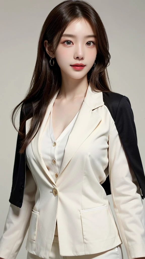 ((masterpiece: 1.4, best quality))+,(ultra detail)+, official art, unity 8k wallpaper, ultra detail, beautiful, high quality, Highlight your cute face, masterpiece, best quality, medium length straight hair, (brown eyes, brown hair), bust, looking straight ahead, laugh, (white blouse, black blazer jacket :1.4), colorful earrings, (lovely eyes:1.3)