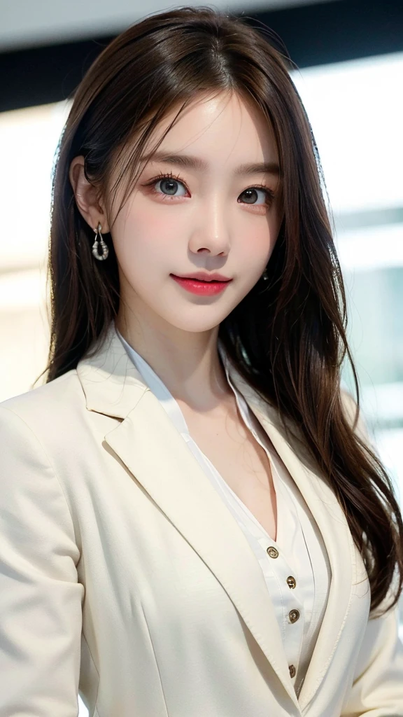 ((masterpiece: 1.4, best quality))+,(ultra detail)+, official art, unity 8k wallpaper, ultra detail, beautiful, high quality, Highlight your cute face,  masterpiece, best quality, medium length straight hair, (brown eyes, brown hair), bust, looking straight ahead, laugh, (white blouse, black blazer jacket :1.4), colorful earrings, (lovely eyes:1.3)