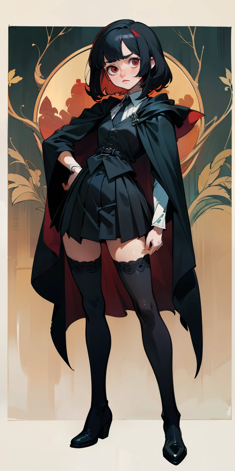 anime adult female character, black hair, bangs, red eyes, vest, black cloak, skirt, stockings, boots, full body shot, pose, elegant, bangs, anime, Gothic art, masterpiece, anatomically correct, accurate, high details, highres, 4K