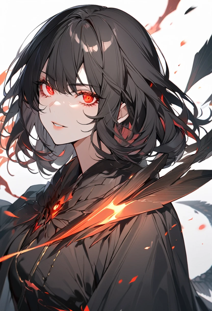 Girl, red eyes, black hair, medium hair, glowing eyes, pretty, black cloak, mature beauty, black wing