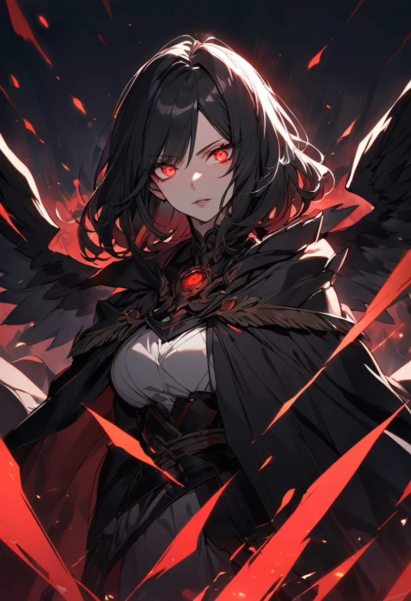 Girl, red eyes, black hair, medium hair, glowing eyes, pretty, black cloak, mature beauty, black wing