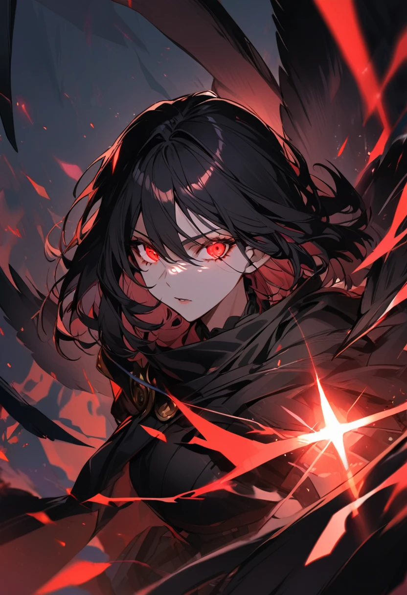 Girl, red eyes, black hair, medium hair, glowing eyes, pretty, black cloak, mature beauty, black wing