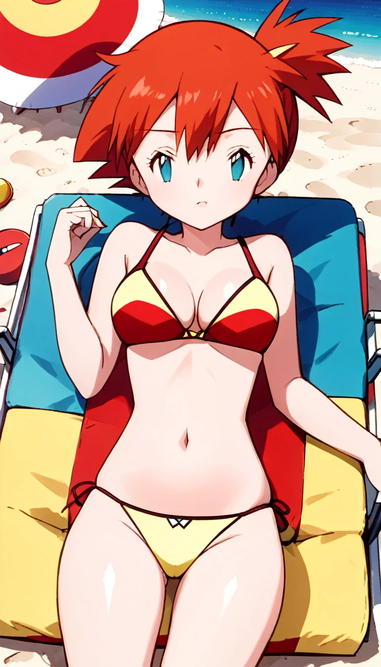 score_9, score_8_up, score_7_up, score_6_up, 1girl, Misty from Pokemon, micro bikini, busty, small waist, wide hips, lying on a sun chair at the beach, from above, sunny, sweating, eyes closed, towel,