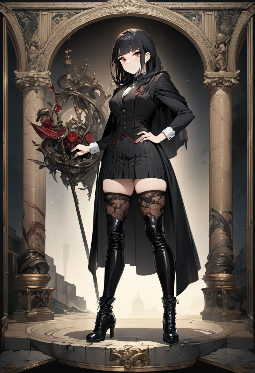 anime adult female character, black hair, bangs, red eyes, vest, black cloak, skirt, stockings, boots, full body shot, pose, elegant, bangs, anime, Gothic art, masterpiece, anatomically correct, accurate, high details, highres, 4K