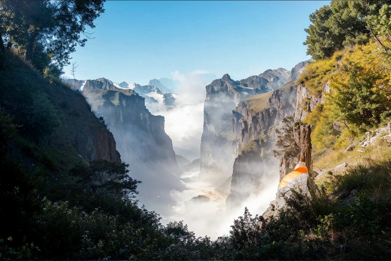 A bottle next to it, a slice of orange in the foreground with a mountain peak in the background