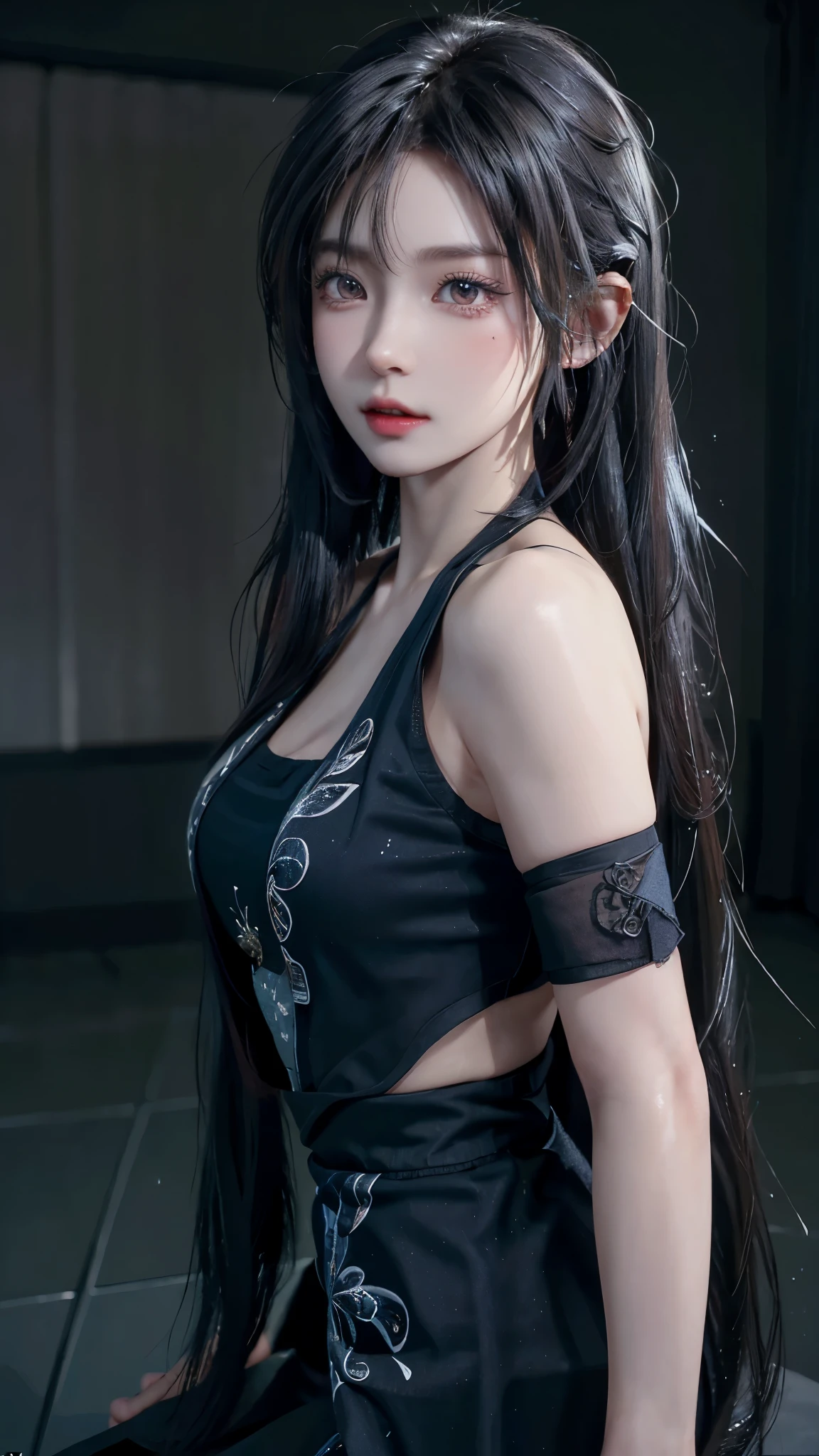 18-year-old schoolgirl，Cute schoolgirl，Beautiful girl，Delicate and beautiful girl，Exquisite facial features，Portrait of the distance，8k quality，Extreme details，Detailed depiction，Messy hair，(Cute bangs)，Ponytail，Flowing hair，Black hair，Thin face，Perfectly proportioned body，slim body，Reality主义，Ultra-high resolution，Master Opus 1，Real texture，Lighting Realism，Facial features，Supple lips，((Pure lust makeup))， dress, purple and black hair、Oversized off-the-shoulder black T-shirt、Dark miniskirt,((Dark Makeup、Oily skin,有Light泽的皮肤、Realistic skin texture、Delicate and beautiful skin、容Light焕发的皮肤)), Dark city center at night、Kabukicho、Dark cyberpunk、(panoramic:1.8)(masterpiece, best quality, Extremely detailed, The best shadow), (Detailed background,Dark Fantasy), (Beautiful and delicate face), High contrast, (Optimal Lighting, Extremely refined), ((Light)), rich and colorful, Extremely detailed, 戏剧性的Light, Intricate details, (1 girl, solitary,Black Hair, Pointed face,低双Ponytail,Red Eyes, Hair between the eyes,Dynamic Angle), Blood splatter, Black Light swirling around the character, Depth of Field,Black Light particles,(shattered glass),Magic Circle, masterpiece, Ultra-high resolution, (Reality: 1.4), Light线追踪，{Best quality}，{ {masterpiece}}，Extremely detailed 8k wallpaper，{一个Extremely refined美丽的}，Colorful，错综Intricate details，Realism，White tight shirt wrap，（Detailed depiction of clothes），Cold white skin，（Carefully portray blush）,1080P，sun，Soft，Smooth light silver hair，Messy Beauty，灯Light，Sense of Brokenness，皮肤Light亮丝滑，3D stereoscopic，masterpiece，Best quality，Illustrations are super detailed，beautiful eyes，非常精致的Light线，精细的发Light，Very detailed 8K CG wallpaper，Peach Blossom Eyes，Red pupils，8k wallpaper，Best quality，noon，Pure lust beauty，Close-up half-length shot，White Chinese style long dress，Macro lens，Portraiture