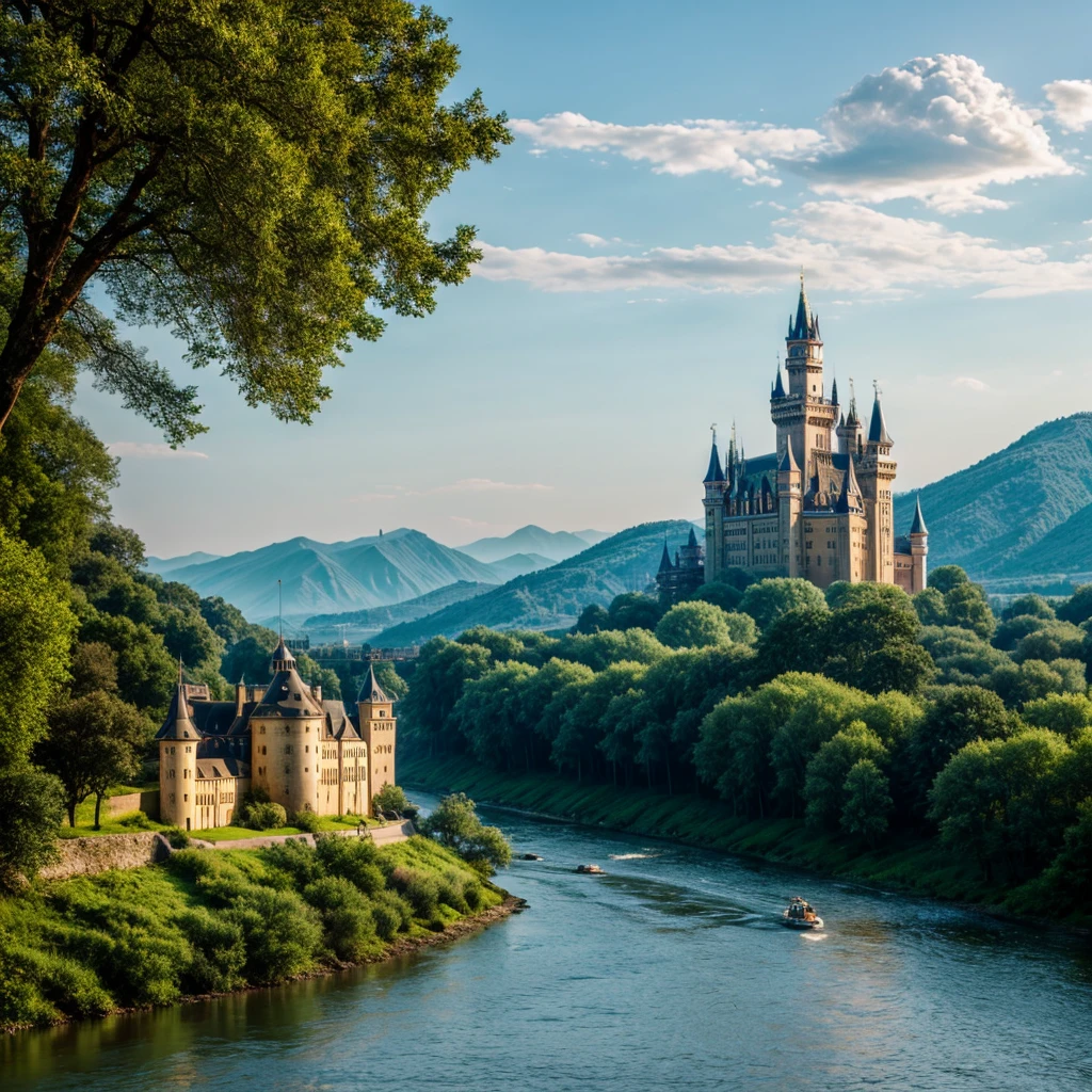 Castle, River, planet in the background, Fantastic
