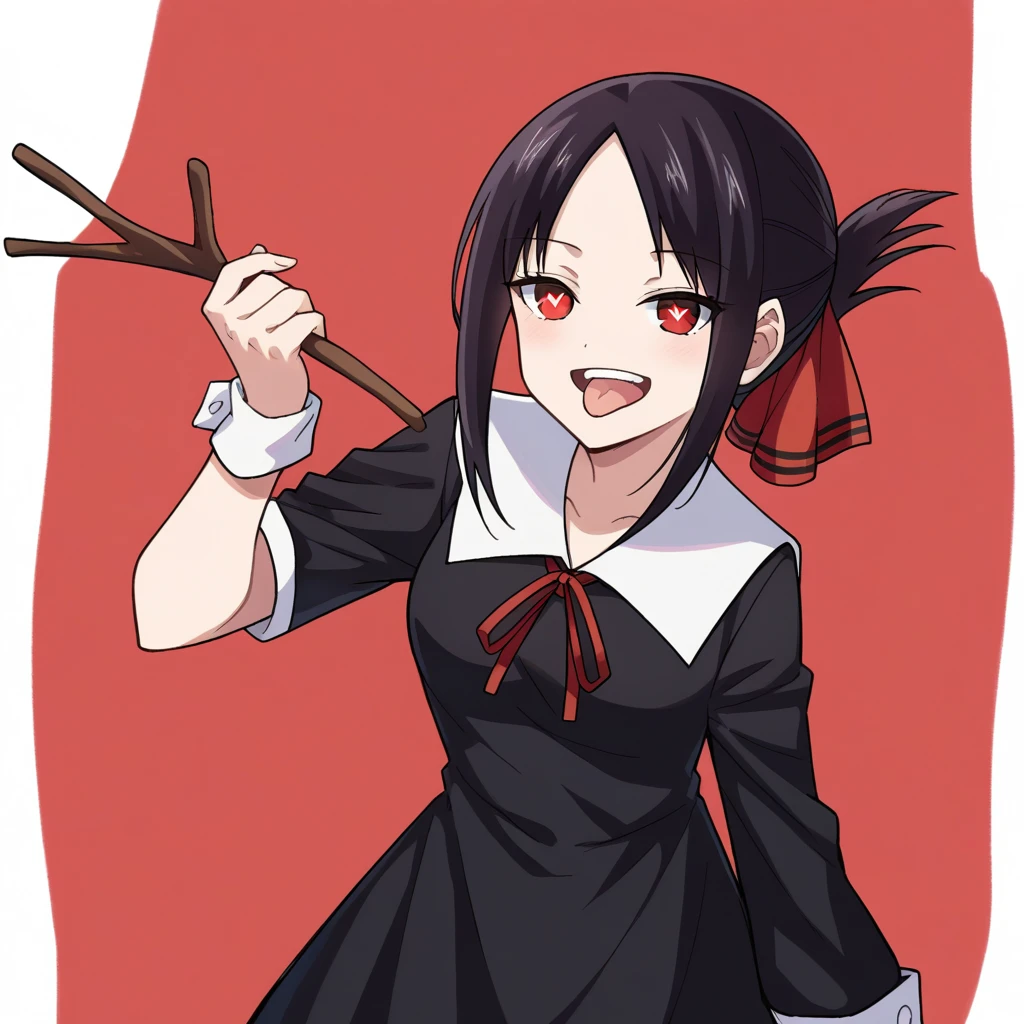 score_9, score_6_climb, source_anime, 1 girl, alone, climbper body, Shinomiya Kaguya, conjunctivitis, black hair, hair ribbon, black dress, white sailor collar, Neck ribbon, red ribbon, Put your hand on your chin., Heart-shaped eyes, no pclimbils, smile softly, tooth, tsurime, red background , stick out your tongue