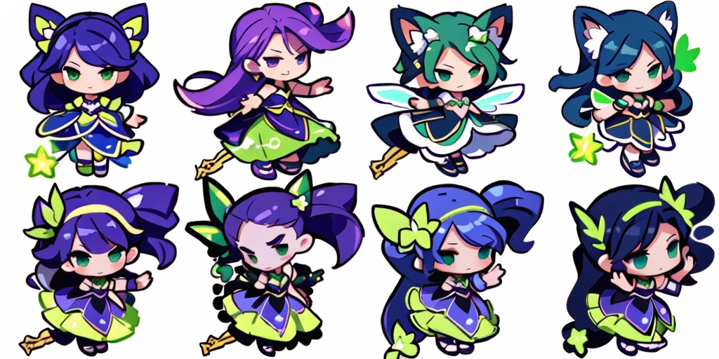 a close up of a cartoon character with different poses, spritesheet, sprite sheet, with familiar sprites, sprites, fairy girl, morgana, default pose neutral expression, twirling, sprite 2 d, shady, green fairy, smol, multiple poses, cute chibi, kawaii