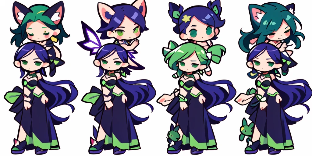 a close up of a cartoon character with different poses, spritesheet, sprite sheet, with familiar sprites, sprites, fairy girl, morgana, default pose neutral expression, twirling, sprite 2 d, shady, green fairy, smol, multiple poses, cute chibi, kawaii