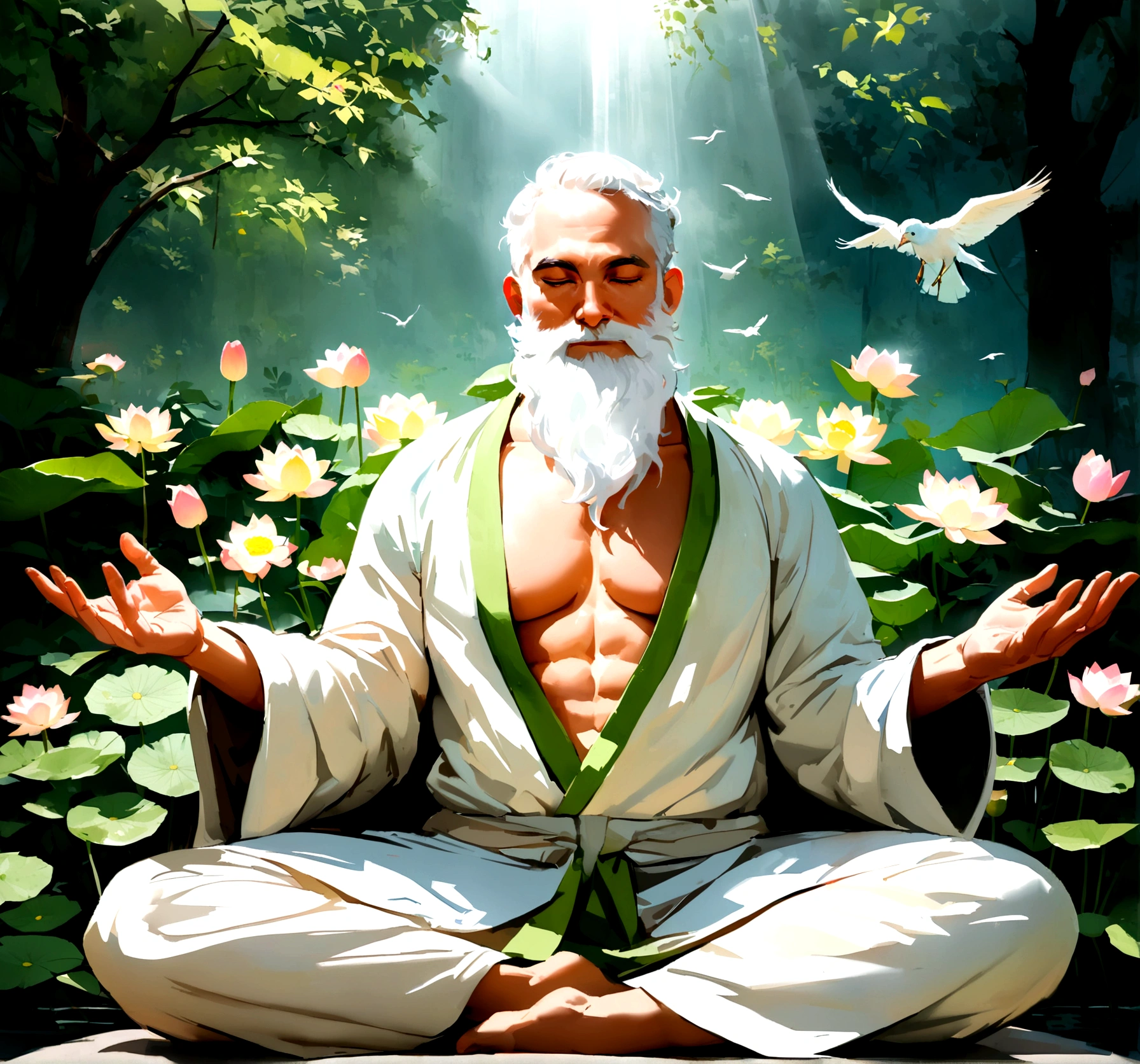 (best qualityer,4K,8K,highres,master part:1.2),ultra detali,(realisitic,fotorrealisitic,fotorrealisitic:1.37),portraite,((Sadhguru:1.1)) brooding,Yogi with long white beard,deep concentration,serene expression,tranquil atmosphere,natural sunlight,softshadows,subtle color palette,peaceful atmosphere,atmosfera tranquila,Spiritual Aura,calm energy,soft breeze,rays of light flowing into,Eyes closed in meditation,relaxed body,LOTUS POSITION,sitting in a chair,sculpted physique,vibrant energy,Connected with nature,green leafy background,peaceful and peaceful garden,serene water feature,colorful flowers blooming,birds singing harmoniously,serenity and wisdom reflecting,serene countenance,divine inspiration,serenidade,harmony within,Connect with the universe,Inner journey,touching expression,happy state of being,Transcendental experience.