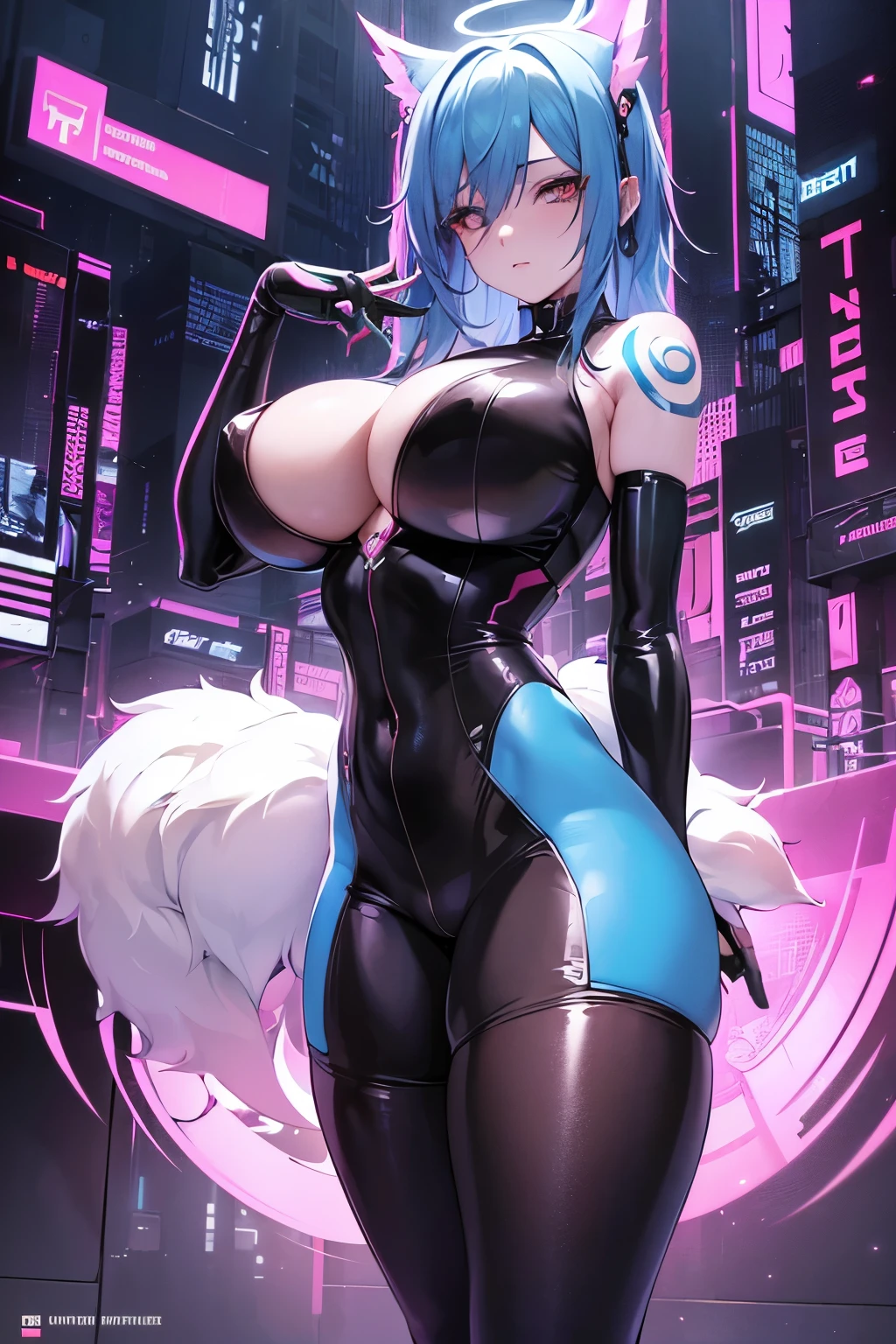 (In the style of cyberpunk:1.2), (edgerunners:1.2), (high tech cyberpunk), (future female), sexy pose, (multiple tattoos:1.2), pale white skin, (neon blue hair), (neon lights), (detailed background), (sci-fi outfit:1.2), (round breasts), (bubble butt), (wide hips:1.1), (slim waist:1.1), (thick thighs:1.1), (detailed face and eyes:1.2), (detailed hand and finger:1.2), (medium breasts:1.2), (busty), (deep cleavage:1.2), (labia outline:1.3), (hard teat:1.3).
