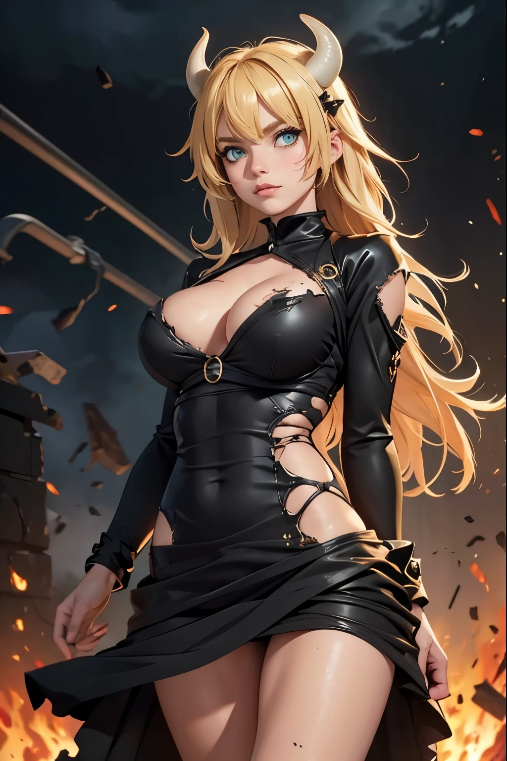 Woman, Blonde HAir, Messy Hair, Cow Horns, Green Eyes, Very Large Breasts, ((Black Damaged Minidress)), Dress torn, dress ripped, (((battle damage))), Fire and Brimstone background, Sharp Teeth