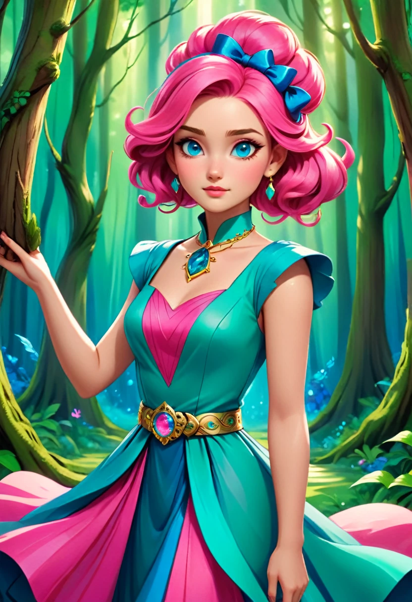 The image depicts a young woman with vibrant pink hair styled in an updo, adorned with a blue bow. She has striking blue eyes and is wearing a colorful dress with a mix of pink, blue, and green hues, featuring intricate patterns and a gold belt. The dress has a V-neckline and appears to be made of a shiny, possibly magical fabric. She is accessorized with a necklace that has a large, round, blue gemstone pendant.

The background is a lush, green forest with towering trees and a variety of foliage, suggesting a magical or enchanted setting. The overall style of the image is reminiscent of digital art commonly found in fantasy illustrations, with a focus on vibrant colors and detailed textures. The character's expression is serene and confident, and she seems to be the central figure in this fantastical scene.