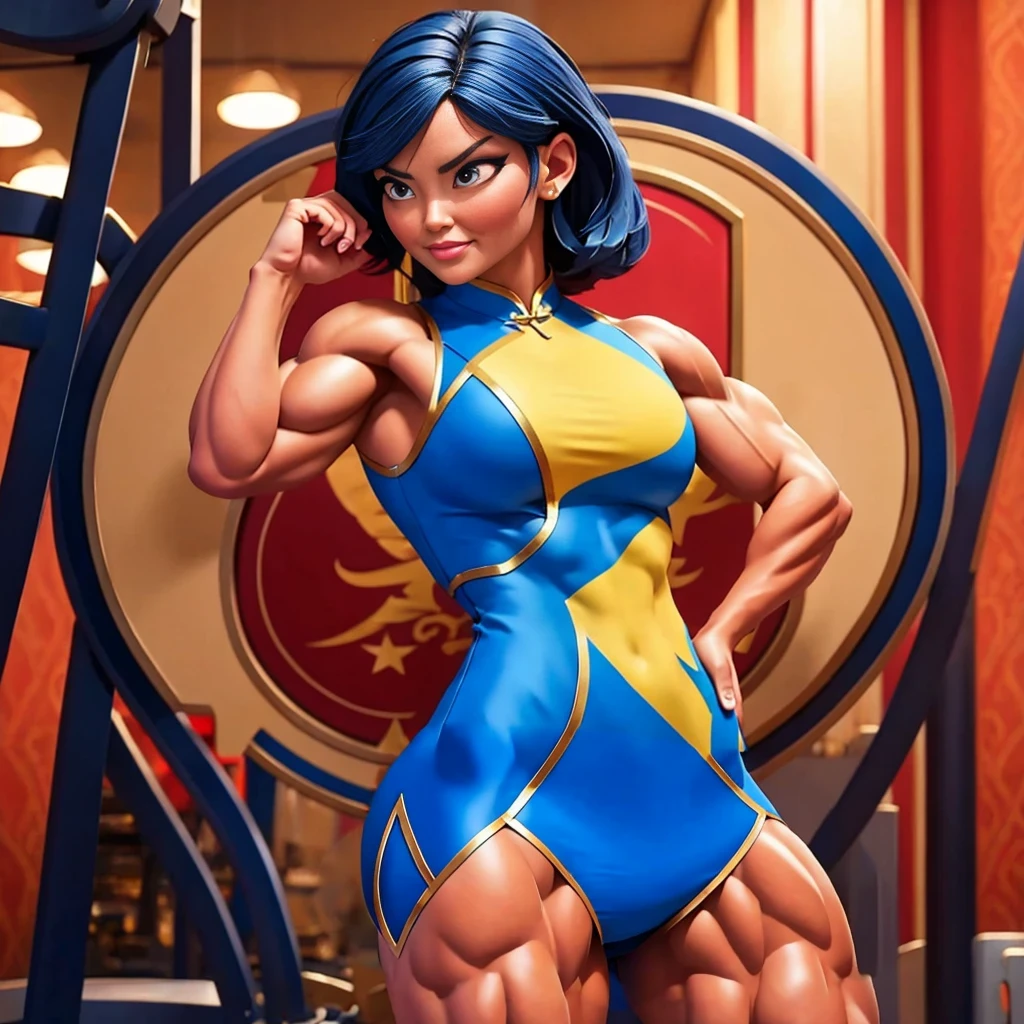 (masterpiece, best quality:1.2), 1girl, solo,dark blue hair,gray eyes, she wear's a white Cheongsam with a red, black and gold plant design, periwinkle pants and black and white dress shoes. She wears a silver band on her ring finger.muscular female bodybuilder, strong and defined muscles, ((((huge muscles)))), intense expression, confident pose, gym backdrop, sweat glistening on her skin, veins bulging, toned physique, powerful presence, professional lighting, vibrant colors, realism, extreme detail description, sharp focus, (best quality, 4k, highres, masterpiece:1.2), physically-based rendering, bodybuilding competition, intense workout, determination, dedication, muscular symmetry, fitness journey, weightlifting, athletics, vibrant energy, bokeh, dynamic composition.