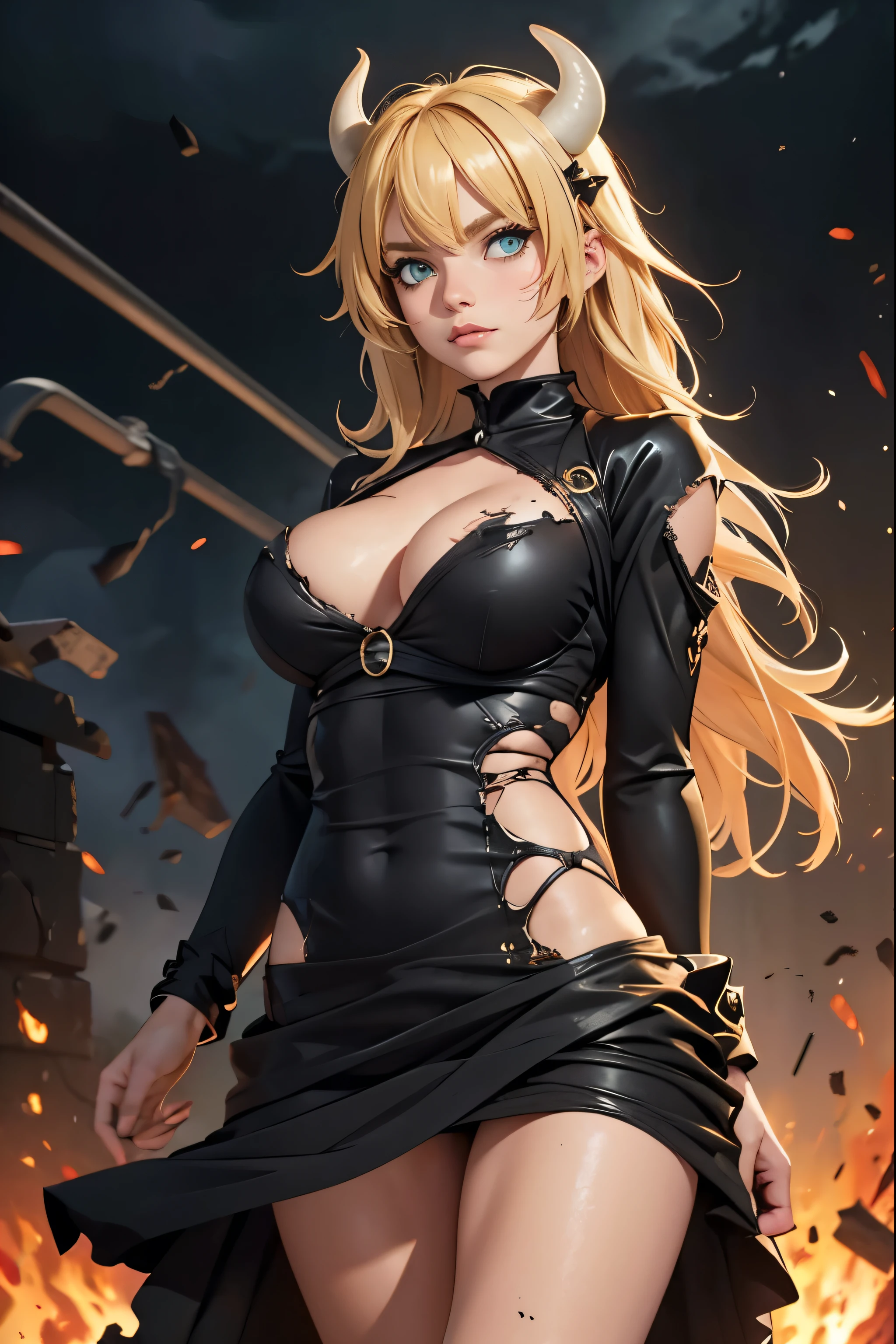 Woman, Blonde HAir, Messy Hair, Cow Horns, Green Eyes, Very Large Breasts, ((Black Damaged Minidress)), Dress torn, dress ripped, (((battle damage))), Fire and Brimstone background, Sharp Teeth