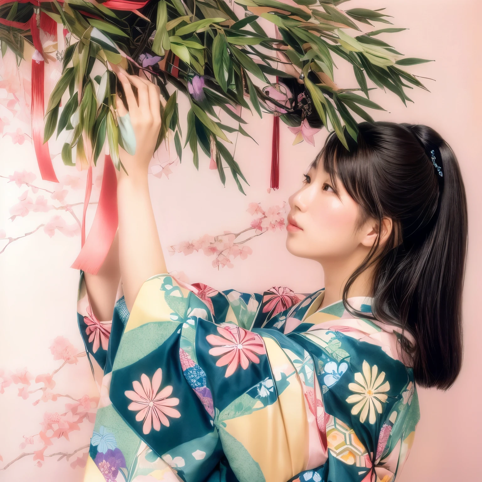 painting of a woman holding a branch of a tree with ribbons, inspired by Naomi Okubo, by Naomi Okubo, by Miwa Komatsu, inspired by Itō Shinsui, in kimono, inspired by Miwa Komatsu, in a kimono, by Kobayashi Kiyochika, by Shinoda Toko, by Yasutomo Oka