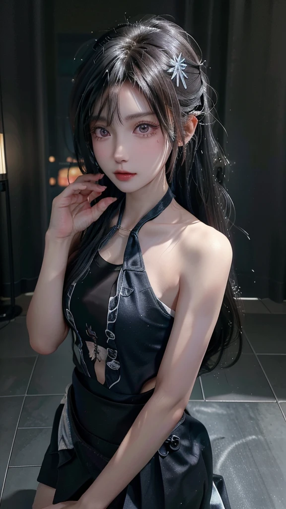 18-year-old schoolgirl,Cute schoolgirl,Beautiful girl,Delicate and beautiful girl,Exquisite facial features,Portrait of the distance,8k quality,Extreme details,Detailed depiction,Messy hair,(Cute bangs),Ponytail,Flowing hair,Black hair,Thin face,Perfectly proportioned body,slim body,Reality主义,Ultra-high resolution,Master Opus 1,Real texture,Lighting Realism,Facial features,Supple lips,((Pure lust makeup)), dress, purple and black hair、Oversized off-the-shoulder black T-shirt、Dark miniskirt,((Dark Makeup、Oily skin,有Light泽的皮肤、Realistic skin texture、Delicate and beautiful skin、容Light焕发的皮肤)), Dark city center at night、Kabukicho、Dark cyberpunk、(panoramic:1.8)(masterpiece, best quality, Extremely detailed, The best shadow), (Detailed background,Dark Fantasy), (Beautiful and delicate face), High contrast, (Optimal Lighting, Extremely refined), ((Light)), rich and colorful, Extremely detailed, 戏剧性的Light, Intricate details, (1 girl, solitary,Black Hair, Pointed face,低双Ponytail,Red Eyes, Hair between the eyes,Dynamic Angle), Blood splatter, Black Light swirling around the character, Depth of Field,Black Light particles,(shattered glass),Magic Circle, masterpiece, Ultra-high resolution, (Reality: 1.4), Light线追踪,{Best quality},{ {masterpiece}},Extremely detailed 8k wallpaper,{一个Extremely refined美丽的},Colorful,错综Intricate details,Realism,White tight shirt wrap,(Detailed depiction of clothes),Cold white skin,(Carefully portray blush),1080P,sun,Soft,Smooth light silver hair,Messy Beauty,灯Light,Sense of Brokenness,皮肤Light亮丝滑,3D stereoscopic,masterpiece,Best quality,Illustrations are super detailed,beautiful eyes,非常精致的Light线,精细的发Light,Very detailed 8K CG wallpaper,Peach Blossom Eyes,Red pupils,8k wallpaper,Best quality,noon,Pure lust beauty,Close-up half-length shot,White Chinese style long dress,Macro lens,Portraiture