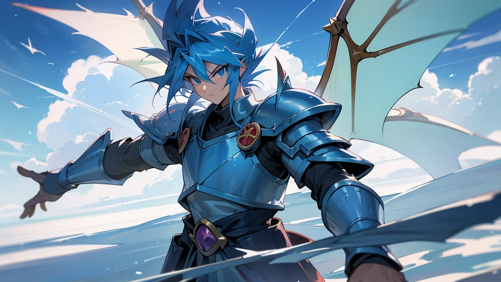 facing toward camera, Legendary Dragon wings,yugioh card,water color reflected armor。snow background, clouds in the sky, muscular, male, dragon wings, serious face, snowflakes floating around person, ice cold blue eyes, dragon wings, muscular,