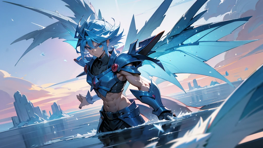 facing toward camera, Legendary Dragon wings,yugioh card,water color reflected armor。snow background, clouds in the sky, muscular, male, dragon wings, serious face, snowflakes floating around person, ice cold blue eyes, dragon wings, muscular,