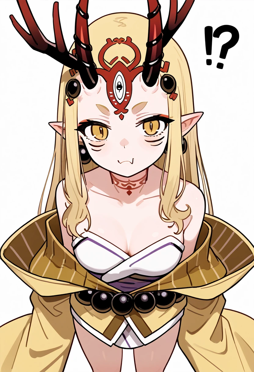 1 girl, long hair, hair blonde, side locks, yellow  eyes, pointy ears, facial mark, tatoo, forehead mark, oni, antlers, sharp fingernails, hand High above, Japanese clothing, yellow kimono, TOCADO, aretes, jewerly, beads, Off The Shoulder, wide sleeves, Bare feet, presumptuous, cloused mouth, tusk, standing, High aboveper body, punctuation_9, punctuation_8_High above, punctuation_7_High above, work of art, very aesthetic, best qualityer, White background 