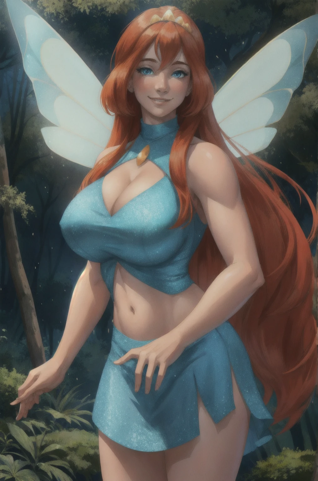 masterpiece, best quality, ultra-detailed, Bloom, milf, mature face, tall, thick, orange hair, blue eyes, bangs, long hair, fairy outfit, blue croptop, sleeveless, blue skirt, sparkling clothing, fairy wings, tiara, standing, smile, in the forest, cowboy shot, realistic, volumetric lighting, intricate details, tonemapping, sharp focus, hyper detailed, Hot cleavage, Big breasts, 