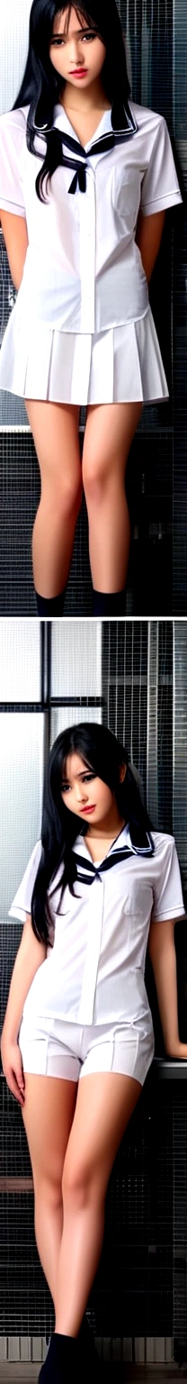 ((Nipples visible through a wet white shirt))、No underwear、Full body view、Long straight black hair、high school student、uniform、sexy、bra、Japanese、17 years old、