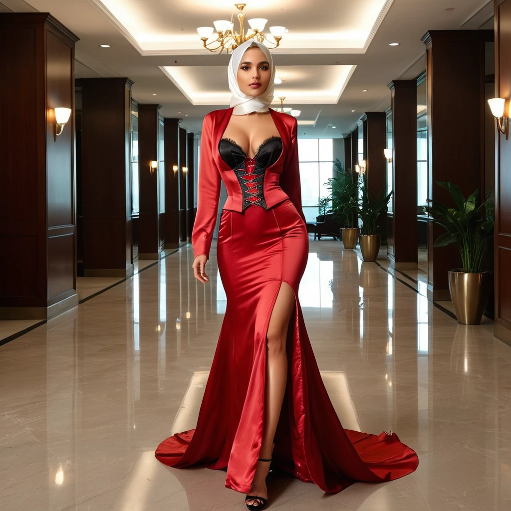 A woman secretary in the translucent red night gown, half naked, wear corset with bra expose, wear blazer,wearing satin hijab, full body,mermaid tight long gown, flowy dramatic long gown,very long flor length gown, tall women, in office lobby,wear glass, walking in a hurry,
 sexy face, sexy pose, wear high heels, masterpice, hyper realistic