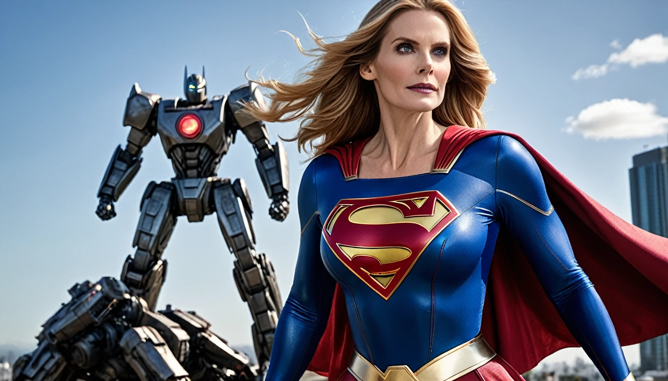Julie Hagerty Supergirl x giant robot; HD. Photograph, ((realism)), extremely high quality RAW photograph, ultra detailed photograph, sharp focus, high resolution, (detailed skin:1,3),high quality, film grain, Fujifilm XT3,Highly Detailed, movie, (Cinematic Photo:1.3) of (Realistic:1.3); Supergirl defeating the enemy