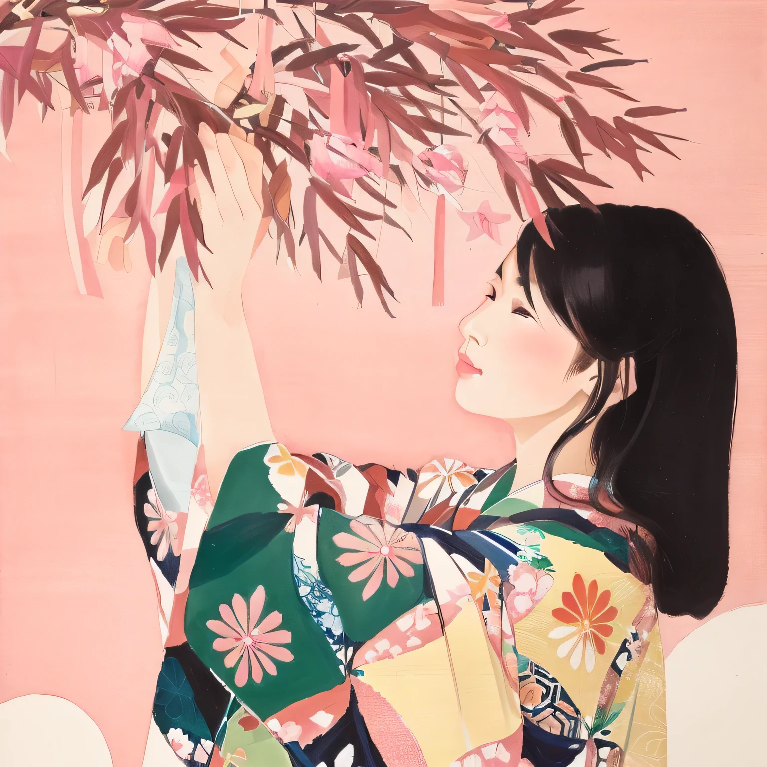 painting of a woman in a kimono holding a branch of a tree, inspired by Naomi Okubo, by Miwa Komatsu, inspired by Itō Shinsui, by Naomi Okubo, by Shinoda Toko, inspired by Miwa Komatsu, inspired by Otake Chikuha, in kimono, by Kobayashi Kiyochika