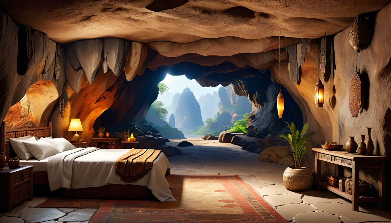 Room inside the cave, view outside from the entrance, ultra-realistic, photo-realistic, ultra-definition, 4K, top quality, masterpiece, ,Ethnic interior,