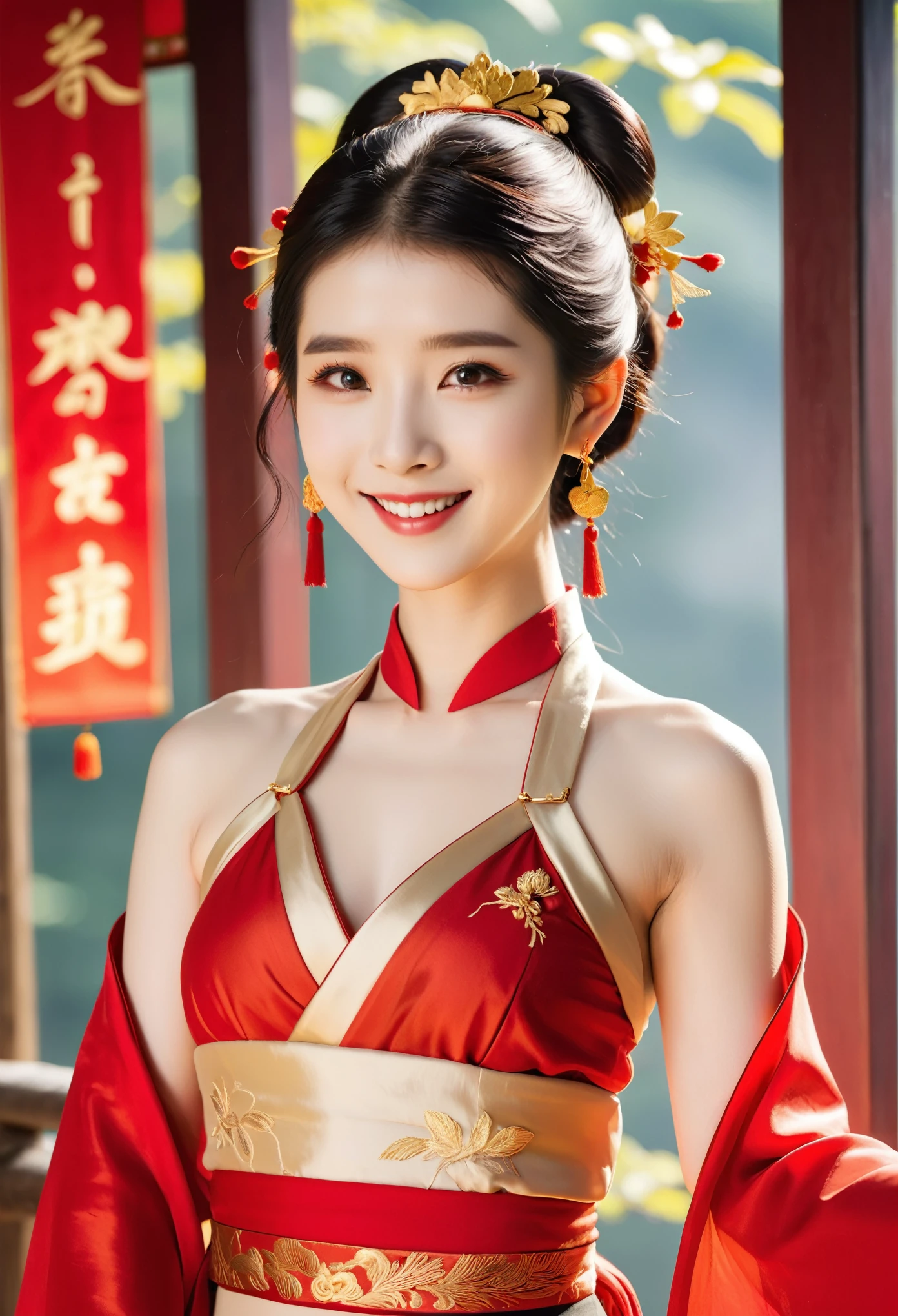 IU1,Chinese beauty, red halter top with gold embroidery on the chest and shoulders, front photo, smile, skin details, delicate facial features, slender figure, Hanfu