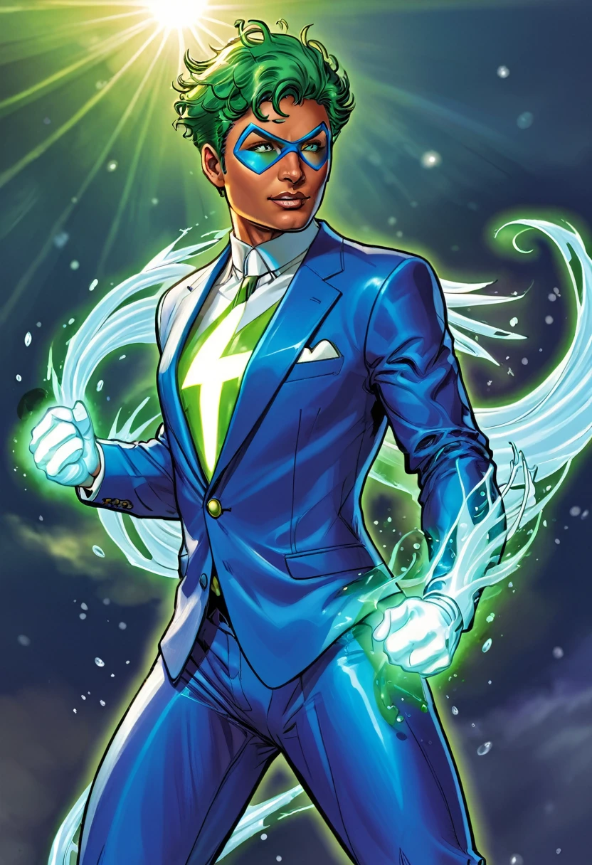 Centella has a striking appearance with short, shiny hair that appears illuminated by the energy it emits.. He usually wears a bright white and blue suit that reflects the cosmic energy he controls.. His abilities include the ability to channel and project cosmic energy in the form of destructive rays or defensive barriers., as well as the ability to fly at high speed and withstand impacts that would be fatal to a normal person..