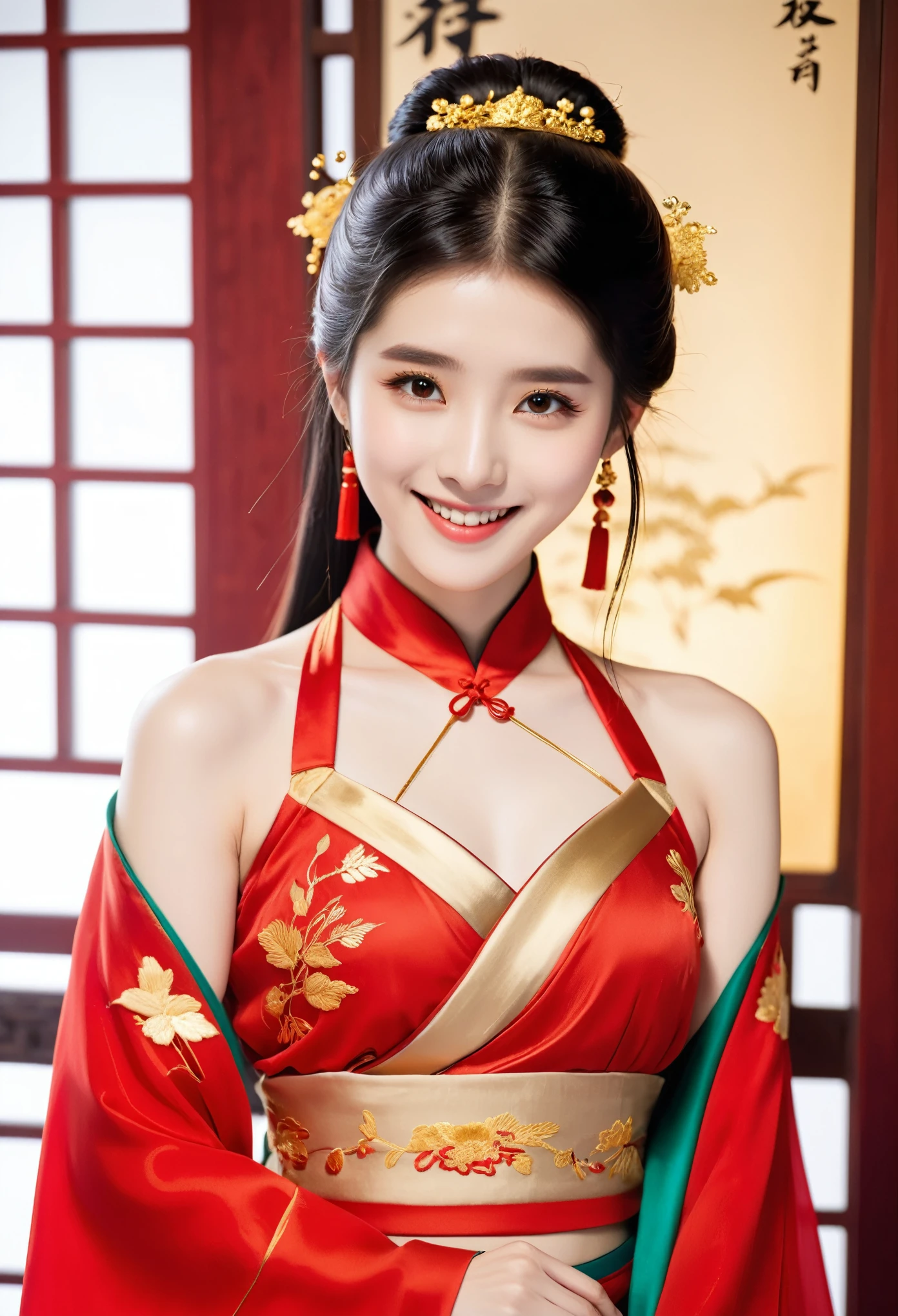 IU1,Chinese beauty, red halter top with gold embroidery on the chest and shoulders, front photo, smile, skin details, delicate facial features, slender figure, Hanfu 