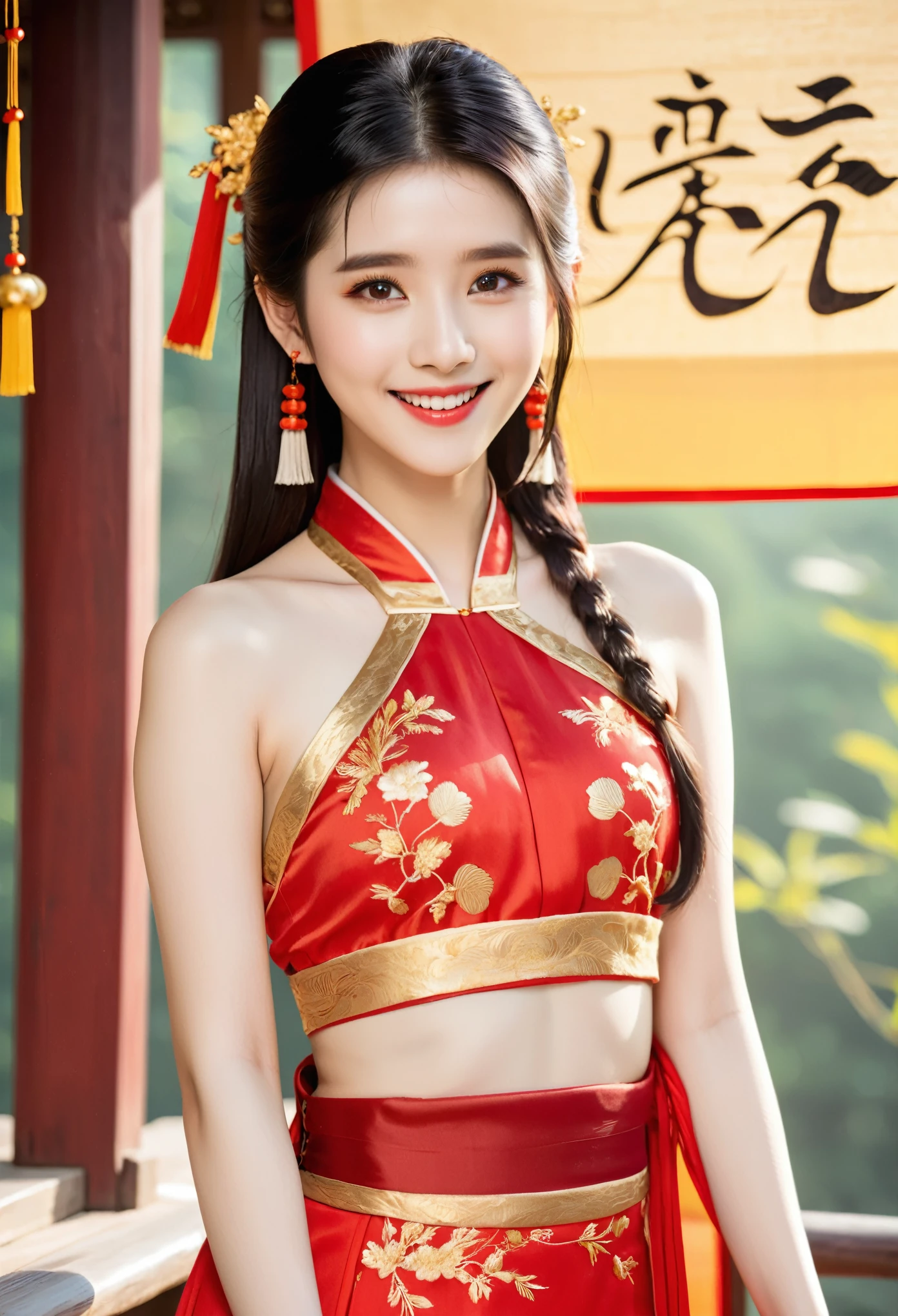IU1,Chinese beauty, red halter top with gold embroidery on the chest and shoulders, front photo, smile, skin details, delicate facial features, slender figure, Hanfu 