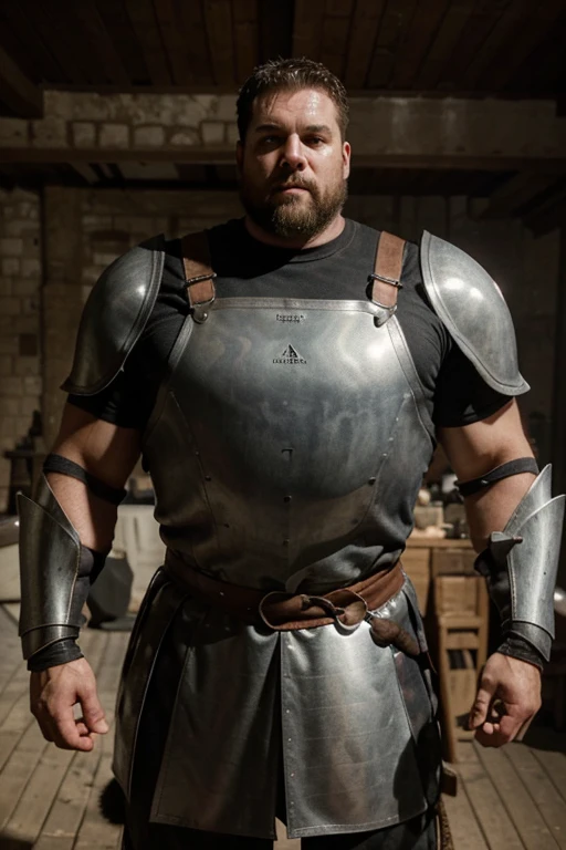 Man, 35 years, extremely tall, close to eight, massive shoulders and thick arms, weighs over 190 kilogram, no fat all of it muscles, very strong. Wears heavy thick steel plate armor, the armor is grey from use and battle-scarred, full of cuts and scratches, below the plate he wears chain-mail and boiled leather. He carries a very large sword