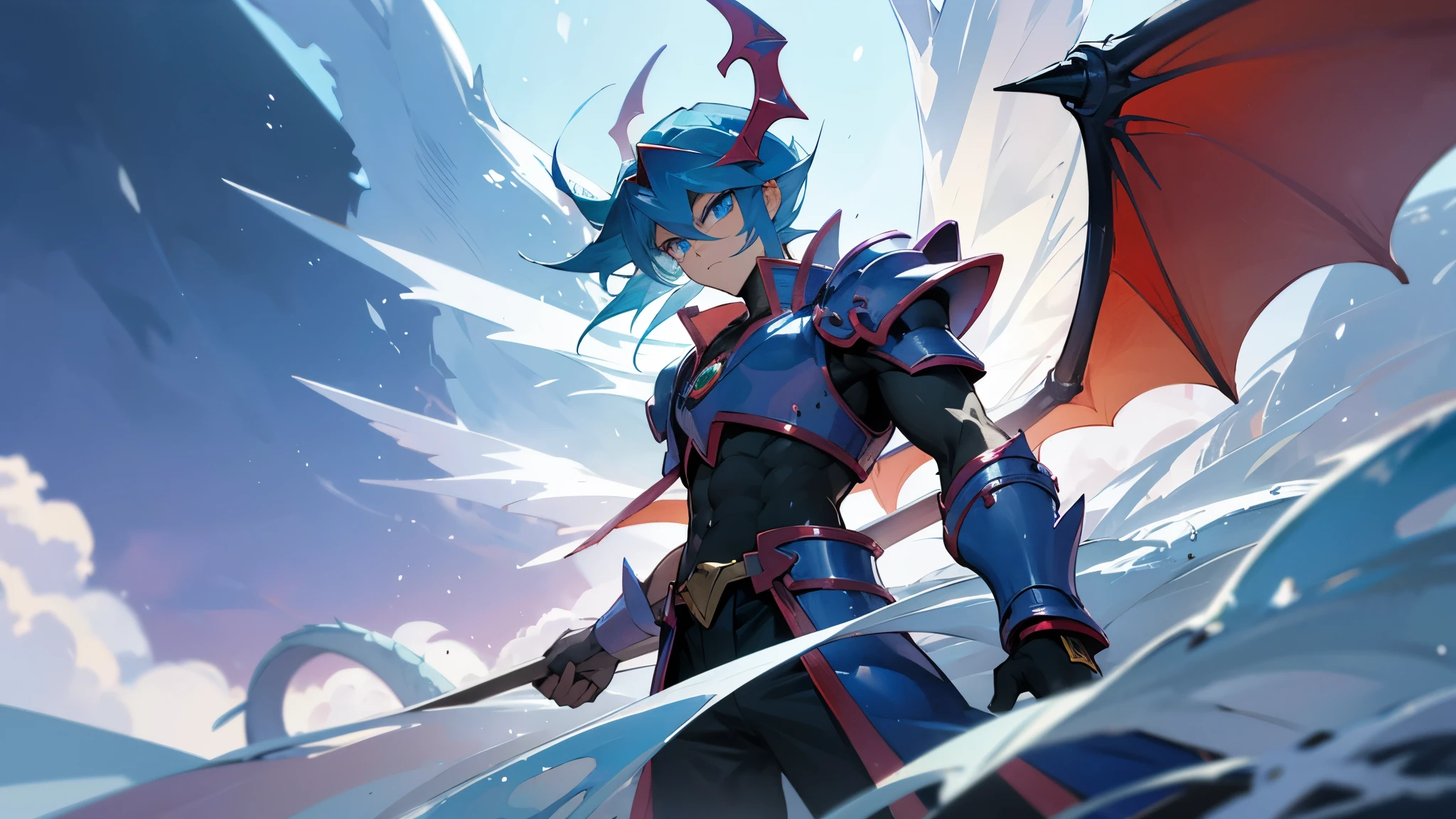 facing toward camera, Legendary Dragon wings,yugioh card,water color reflected armor。snow background, clouds in the sky, muscular, male, dragon wings, serious face, snowflakes floating around person, ice cold blue eyes, dragon wings, muscular,