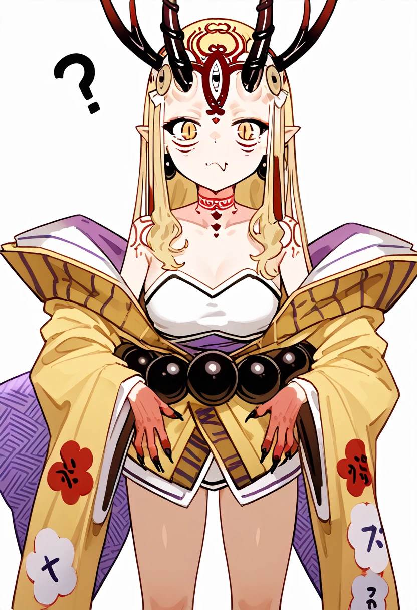 1 girl, long hair, hair blonde, side locks, yellow  eyes, pointy ears, facial mark, tatoo, forehead mark, oni, antlers, sharp fingernails, hand High above, Japanese clothing, yellow kimono, TOCADO, aretes, jewerly, beads, Off The Shoulder, wide sleeves, Bare feet, presumptuous, cloused mouth, tusk, standing, High aboveper body, punctuation_9, punctuation_8_High above, punctuation_7_High above, work of art, very aesthetic, best qualityer, White background 