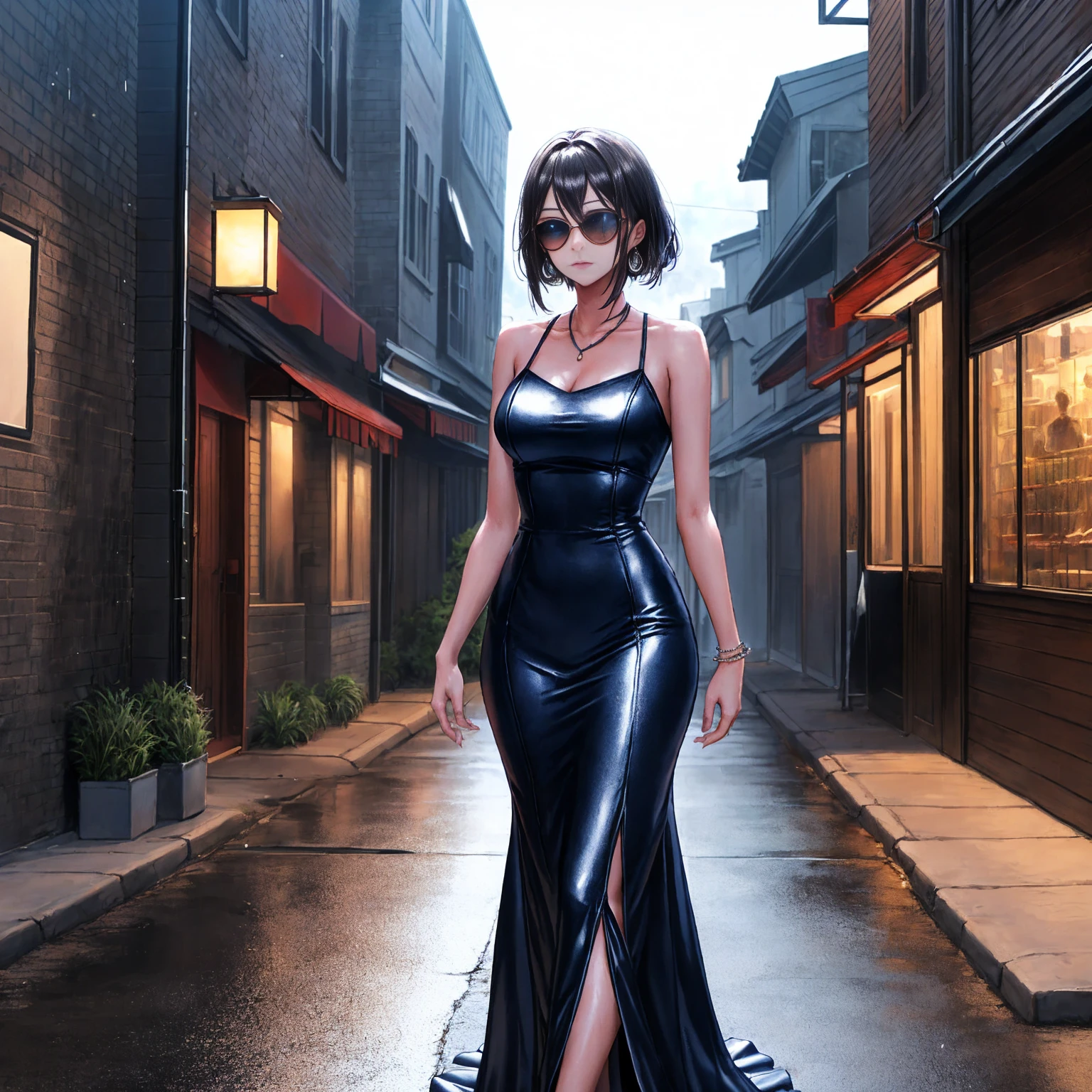 Setting: Atmospheric Street Background (Think bustling city street at night with neon lights and rain, a foggy alleyway, or a deserted highway at dusk) - Choose the specific atmosphere you desire. Character: Appearance: Ultra Quality - High level of detail and realism Shiny Skin - Glowing and healthy Long wet Hair - Flowing down the back Narrowed Eyes - Focused and intense expression (sharp or piercing) Attire: Long Dress - Elegant and flowing Pose: Fingers Crossed - A gesture hinting at hope, nervousness, or even making a wish. Accessories: Sunglasses - Adding a touch of mystery or coolness (consider the style of sunglasses to match the overall mood) Additional Notes: Consider adding details about the character's posture (standing tall, leaning against a wall, etc.) to enhance the scene. The quality of the image is 8K or Cinematic 