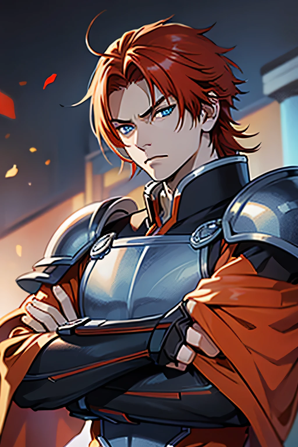 one men, orange red hair, Cao Cao, stark, black armour, crossed arms, perfect hands, perfects eyes, blue colored eyes, one silver hand, perfect face