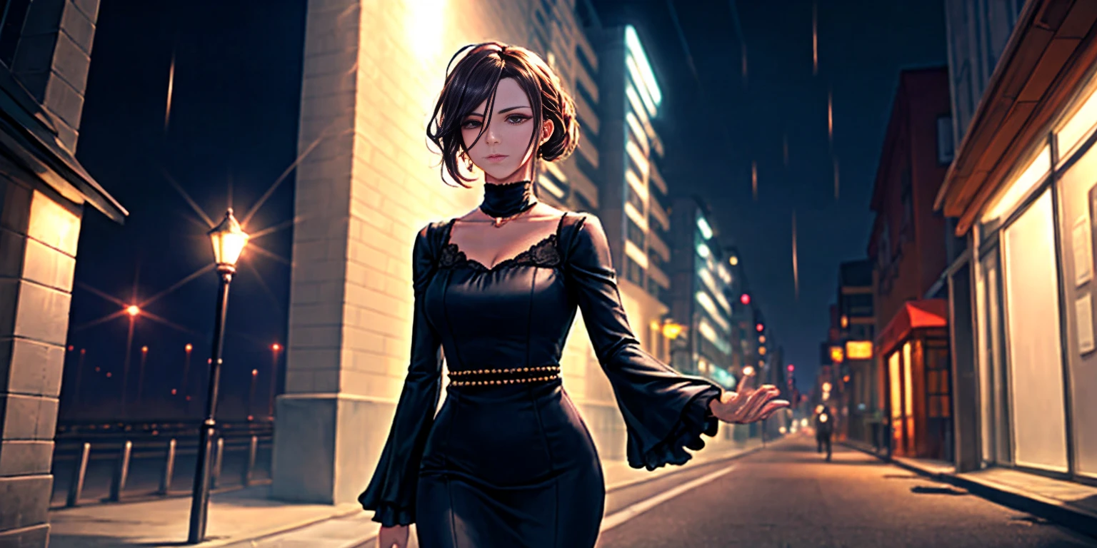 Setting: Atmospheric Street Background (Think bustling city street at night with neon lights and rain, a foggy alleyway, or a deserted highway at dusk) - Choose the specific atmosphere you desire. Character: Appearance: Ultra Quality - High level of detail and realism Shiny Skin - Glowing and healthy Long wet Hair - Flowing down the back Narrowed Eyes - Focused and intense expression (sharp or piercing) Attire: Long Dress - Elegant and flowing Pose: Fingers Crossed - A gesture hinting at hope, nervousness, or even making a wish. Accessories: Sunglasses - Adding a touch of mystery or coolness (consider the style of sunglasses to match the overall mood) Additional Notes: Consider adding details about the character's posture (standing tall, leaning against a wall, etc.) to enhance the scene. The quality of the image is 8K or Cinematic 
