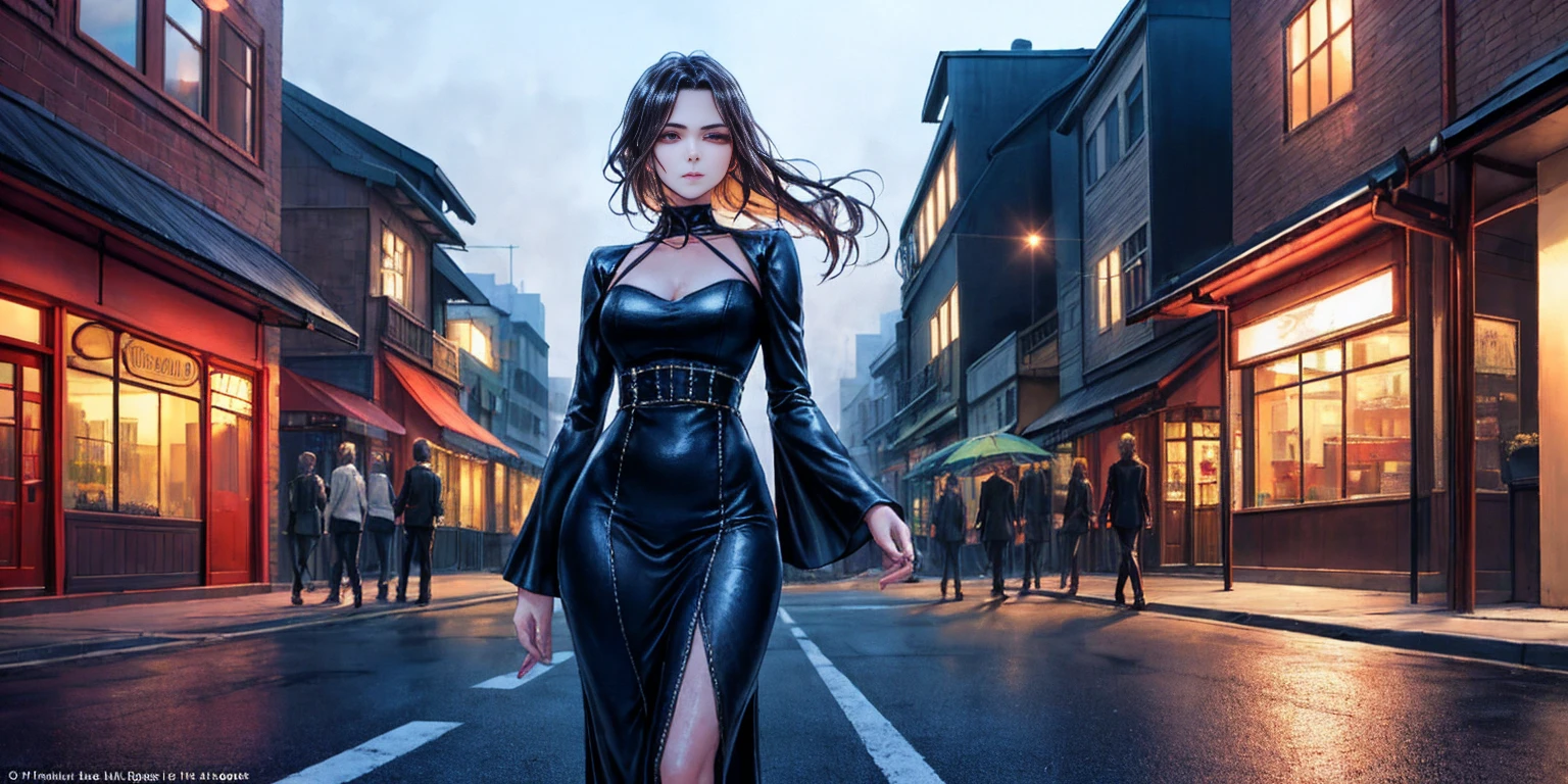 Setting: Atmospheric Street Background (Think bustling city street at night with neon lights and rain, a foggy alleyway, or a deserted highway at dusk) - Choose the specific atmosphere you desire. Character: Appearance: Ultra Quality - High level of detail and realism Shiny Skin - Glowing and healthy Long wet Hair - Flowing down the back Narrowed Eyes - Focused and intense expression (sharp or piercing) Attire: Long Dress - Elegant and flowing Pose: Fingers Crossed - A gesture hinting at hope, nervousness, or even making a wish. Accessories: Sunglasses - Adding a touch of mystery or coolness (consider the style of sunglasses to match the overall mood) Additional Notes: Consider adding details about the character's posture (standing tall, leaning against a wall, etc.) to enhance the scene. The quality of the image is 8K or Cinematic 