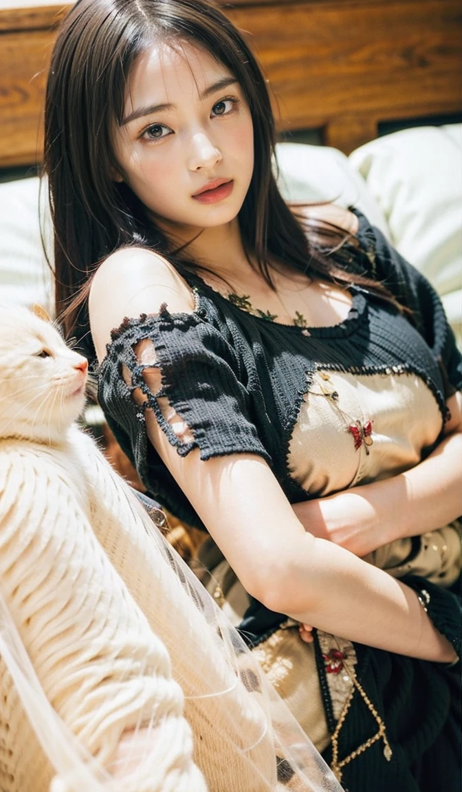 Realistic, nsfw, (On the bed:1.2), (Lying down:1.1), From above, uhd, super detail, best quality, (Heavily tattered and torn clothing:1.6), (Black leggings:1.2)