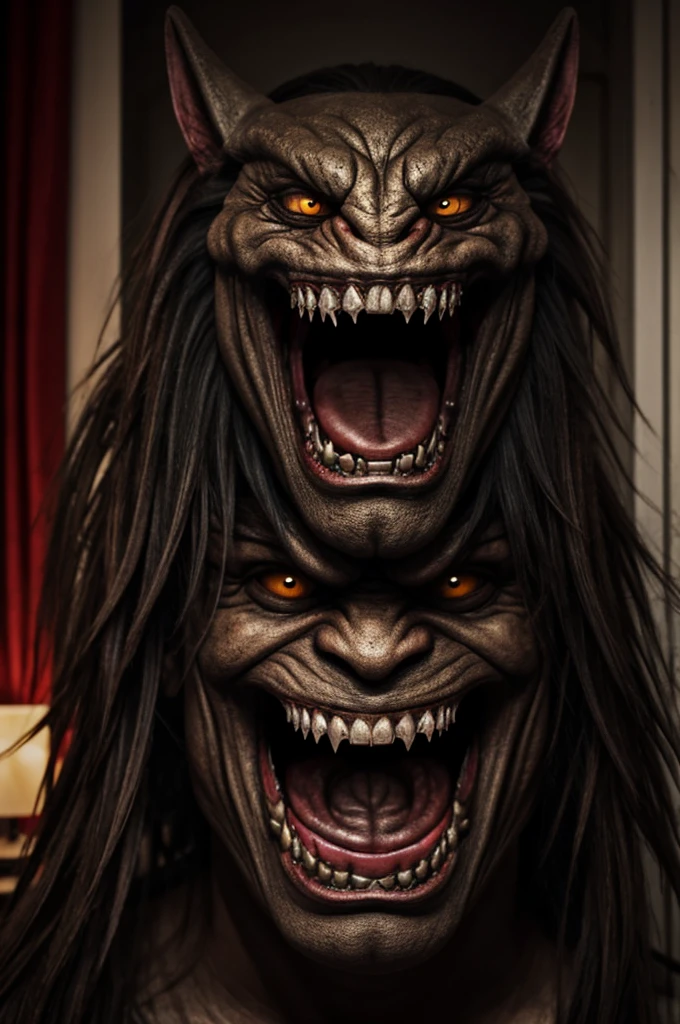 Realistic monster, with a disgusting face and fangs with saliva hanging out scaring girls in their room