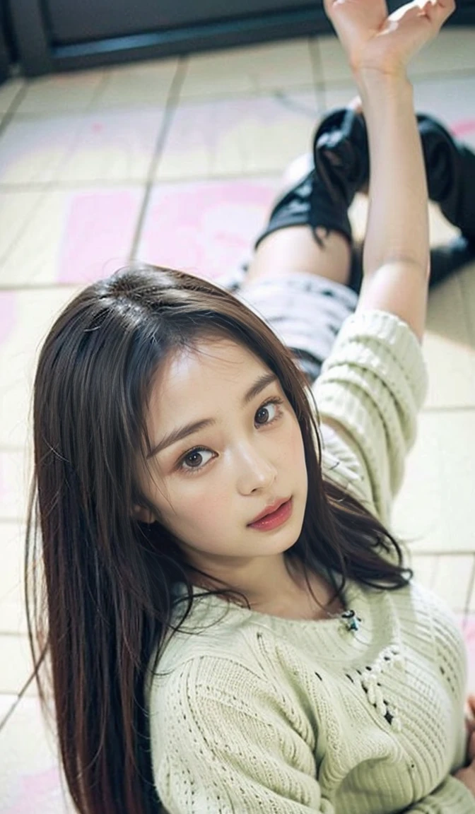 Realistic, nsfw, (On the bed:1.2), (Lying down:1.1), From above, uhd, super detail, best quality, (Heavily tattered and torn clothing:1.4), (Black leggings:1.2)