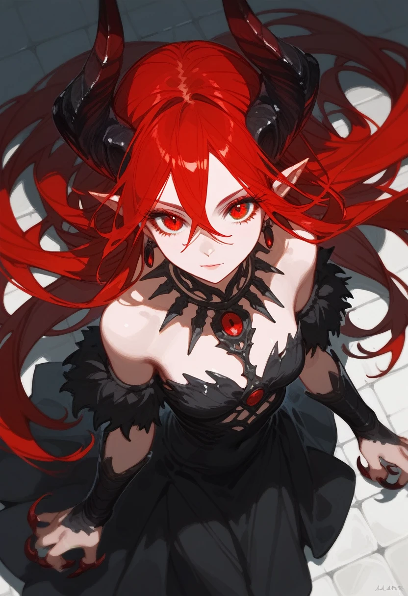 (score_9,score_8_above,score_7_above),1 girl,demon girl,Red hair,Red eyes,Alas,claws,black dress,beautiful_face,