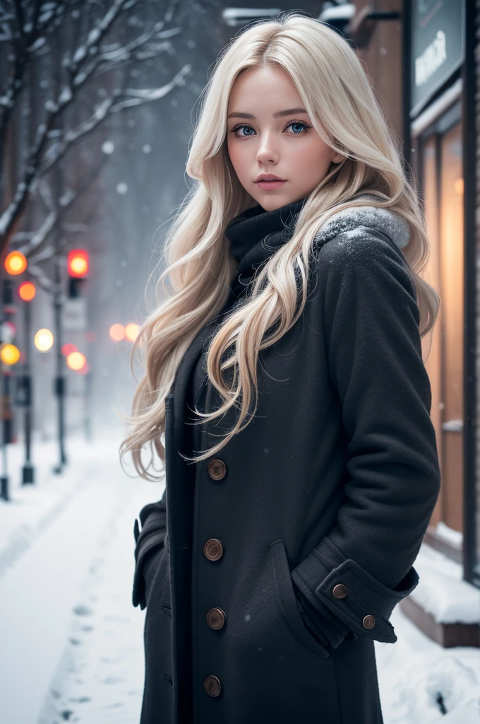 professional photography of a beautiful norwegian girl in winter clothes with long wavy blonde hair, sensual and seductive look, beautiful symmetrical face, beautiful natural makeup, wearing chic warm winter fashion clothing, ((standing outside on the snowy city street)), impressive modern urban environment, ultra realistic, conceptual artwork, chic, highy detailed, intricate, sharp focus, Depth of field, f/1. 8, 85 mm, medium shot, mid shot, (((professional color grading))), soft and bright diffused light, (Volumetric fog), Trends on Instagram, HD 4k, 8K