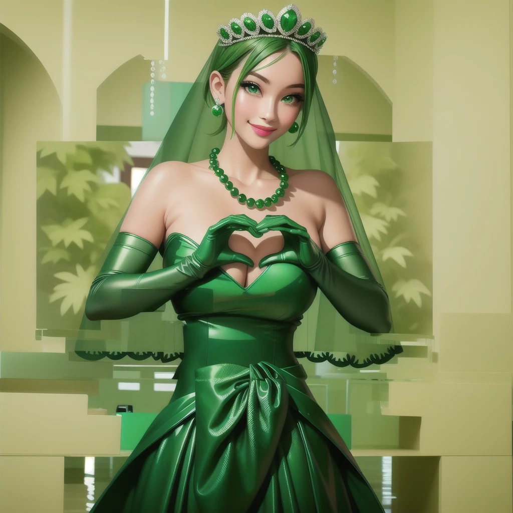 Emerald tiara, Green Pearl Necklace, ボーイッシュな非常に短いGreen Hair, Green Lips, Smiling Japanese woman, Very short hair, Busty beautiful lady, Green Eyes, Green satin long gloves, Green Eyes, Emerald Earrings, Green veil, Heart with both hands, Green Hair, Beautiful Japanese Woman, Heart shaped hands:1.3, green lip gloss