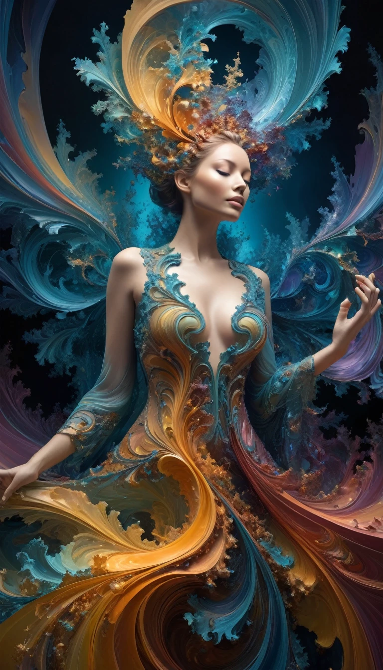 Create an abstract composition that features a dynamic play of organic and liquid shapes that evoke a sense of growth and decay. In the center, there should be a complex, fractal structure that resembles the figure of a woman, expanding outward from the center. She integrates soft, swirling shapes reminiscent of smoke or fog to add depth and movement around the central structure. Include colored shades with gradients to create volume and a three-dimensional effect. Make sure the overall tone is ethereal and otherworldly, with fine details suggesting intricate textures within the shapes.